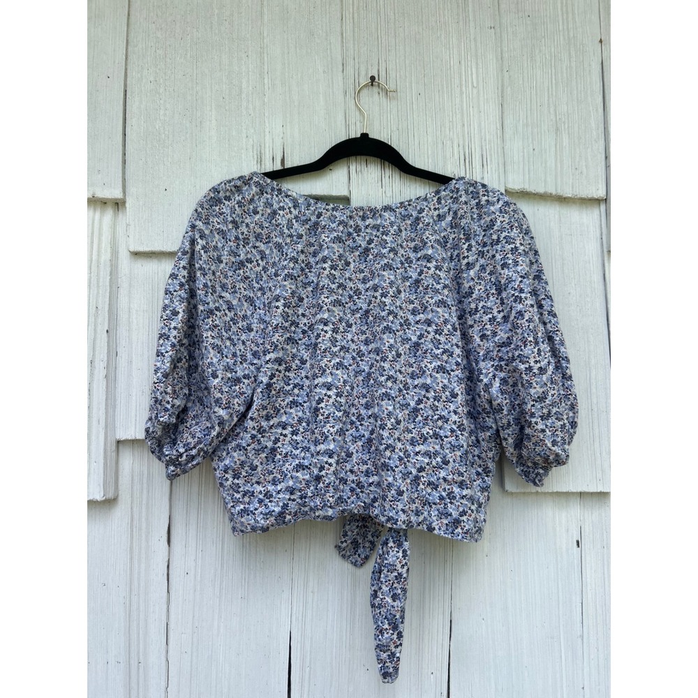Abercrombie & Fitch Blue Floral Linen Blend Tie Front Puff Sleeve Crop Top M - Picture 6 of 7